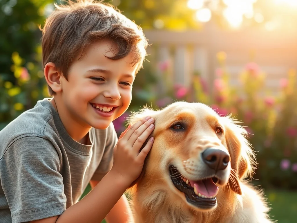 Szczęśliwy chłopiec głaszczący przyjaznego golden retrievera w słonecznym ogrodzie.