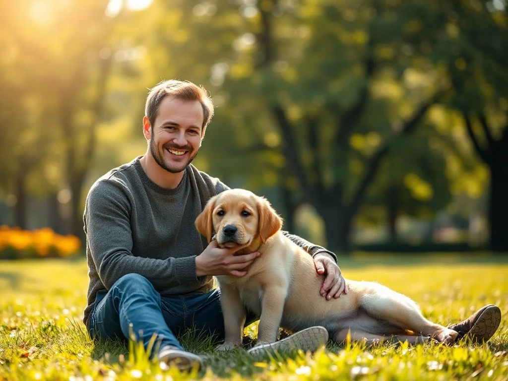 Młody mężczyzna głaszczący szczeniaka golden retrievera na trawniku w słonecznym parku.