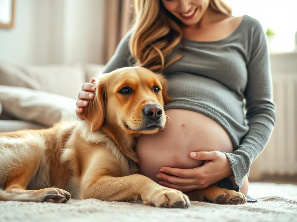 Ciężarna kobieta czule głaszcząca brzuch odpoczywającego golden retrievera w przytulnym salonie.