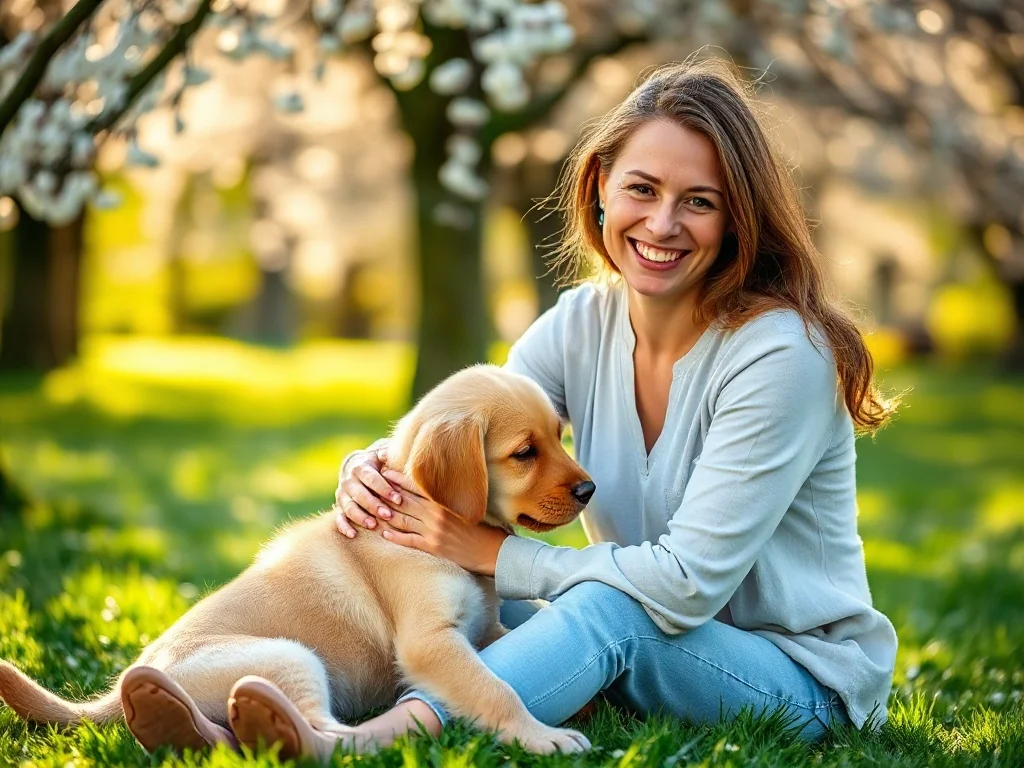 Kobieta głaszcząca szczeniaka rasy golden retriever na zielonym trawniku w słonecznym parku.