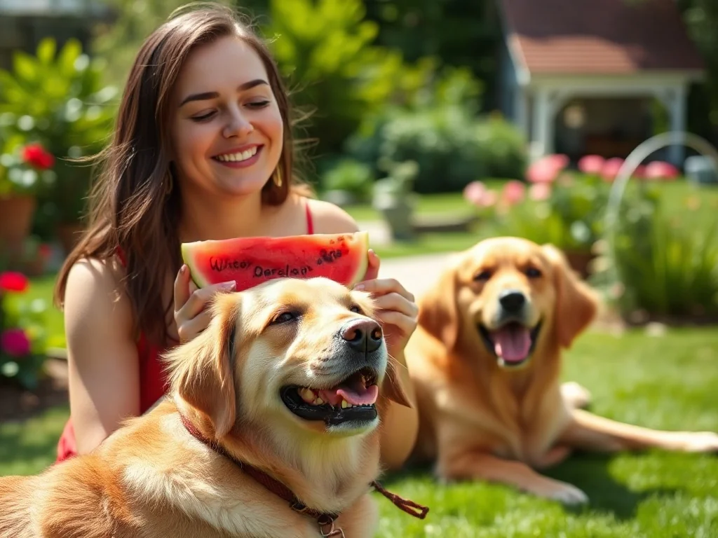 Uśmiechnięta kobieta siedzi na trawie z kawałkiem arbuza, a obok niej Golden Retriever z zainteresowaniem patrzy na owoc.