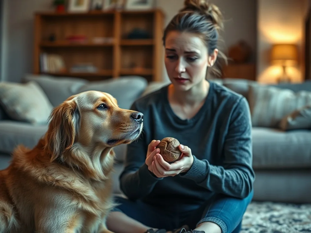 Zaniepokojona właścicielka odsuwa orzecha włoskiego od ciekawskiego psa rasy golden retriever w przytulnym salonie.